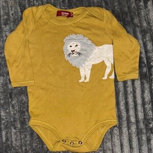 Milkbarn Mustard Yellow Lion Appliqué Long-Sleeve One-Piece